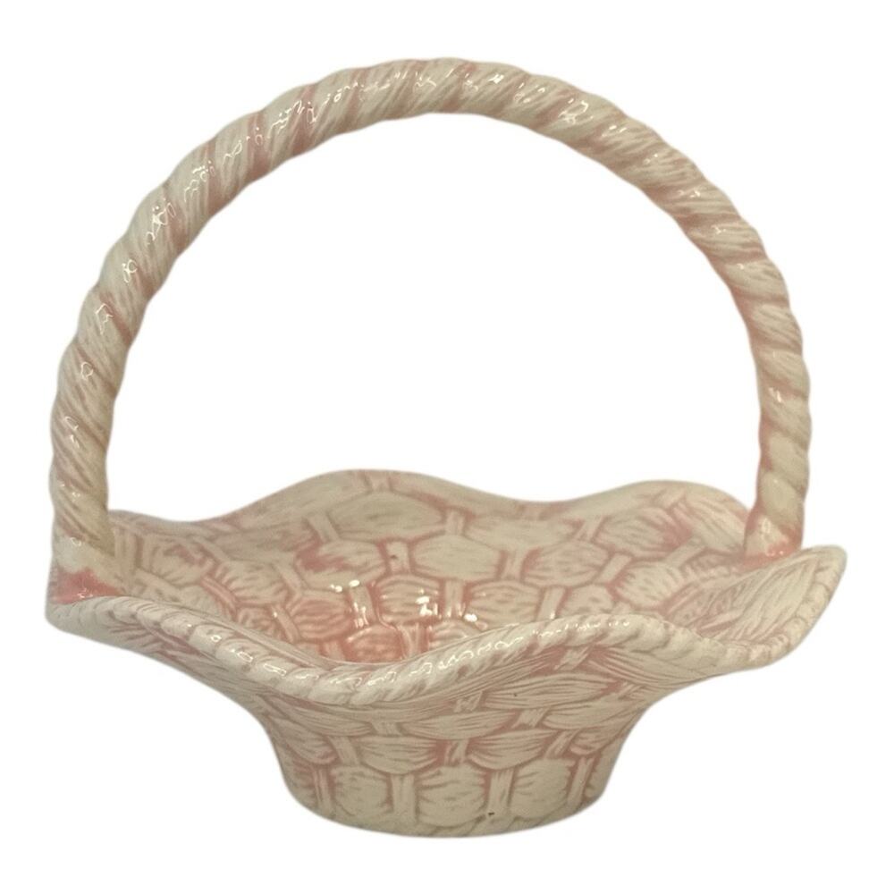 Pink Ceramic Woven Basket Candy Dish Vintage Style Easter Cottagecore Decor